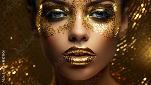 Golden skin in fashion close-up of a woman's face in portrait. Model wearing shiny, professional makeup with a festive golden glamour. Accessories, jewelry, and gold jewelry. Beauty metallic gold skin