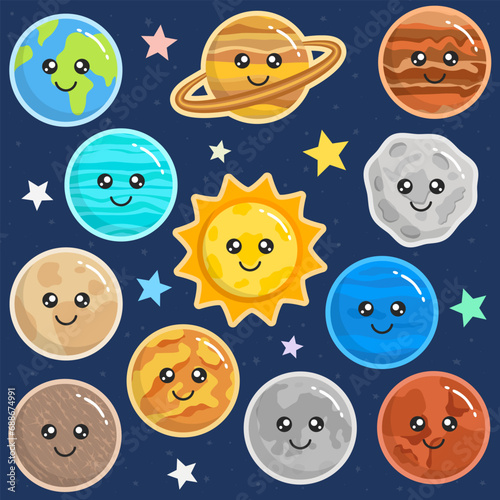 Cute galaxy, space, solar system elements. Kawaii moon, sun and planets vector illustration for kids. Isolated on star background.