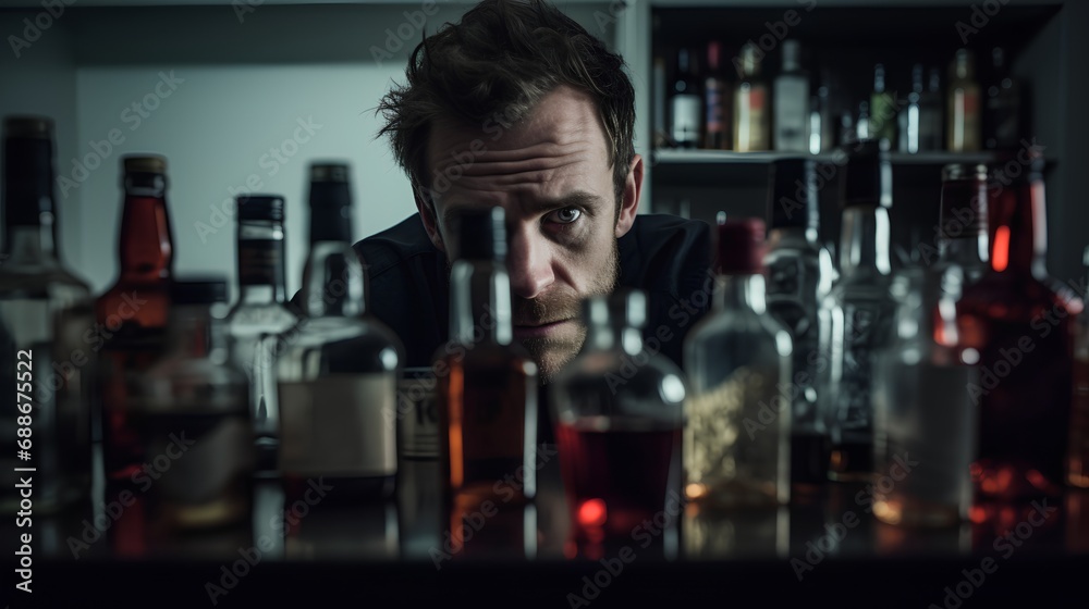 A distressed man grappling with alcohol addiction, his expression fraught with despair, clutches a glass of liquor, symbolizing the struggle and pain of dependency.