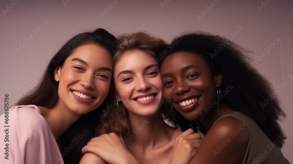 Happy, beautiful, diverse, and inclusive women who take pride in their varied skin tones and backgrounds in the studio. Multicultural models for empowerment, skincare, and glow. Happy, beautiful, diverse, and inclusive women who take pride in their varied skin tones and backgrounds in the studio. Multicultural models for empowerment, skincare, and glow.
