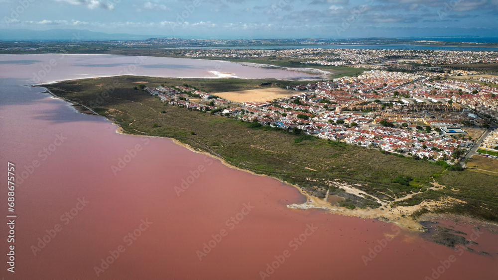 The pink salt lake in Spain.