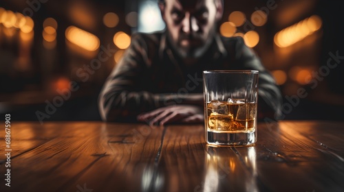A distressed man grappling with alcohol addiction, his expression fraught with despair, clutches a glass of liquor, symbolizing the struggle and pain of dependency. photo