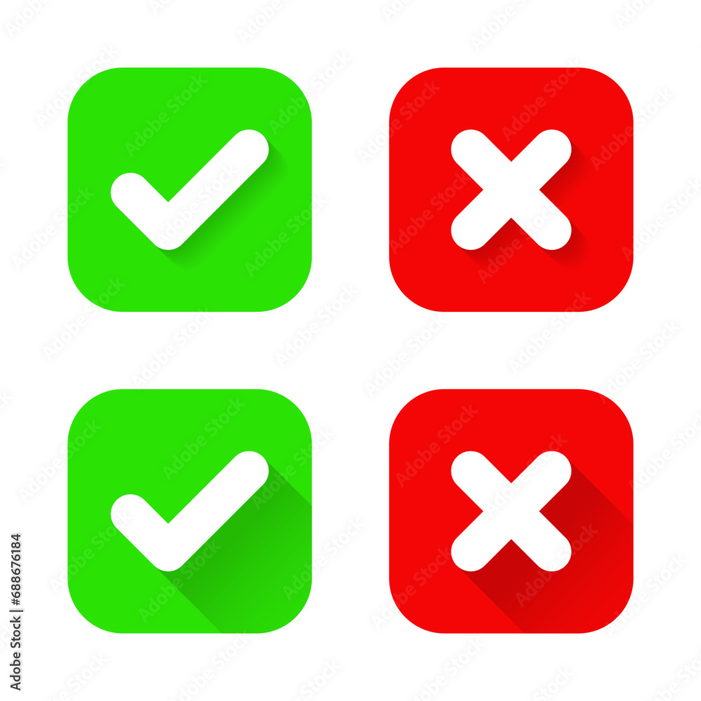 Check and cross on rounded square. Checkmark and x symbol with shadow Check and cross on rounded square. Checkmark and x symbol with shadow