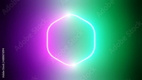Abstract background with a hexagon with fast-moving light lines. Futuristic neon hexagon as a seamless loop. Moving glowing neon lights for disco party	