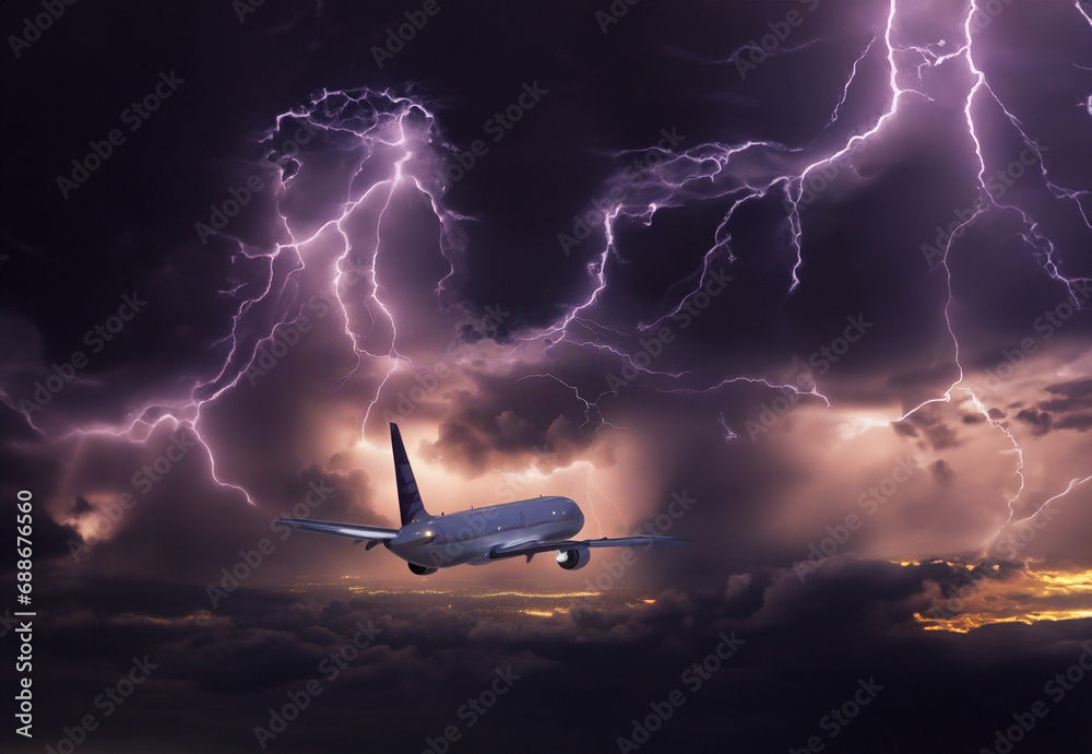 passenger plane in a zone of turbulence, clouds and thunderstorms with lightning during flight, dangerous flight on an airplane. - obrazy, fototapety, plakaty 