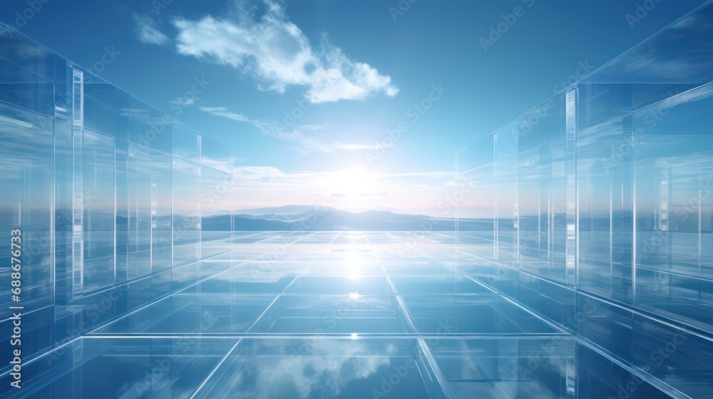 Glass geometric shapes and cloudy sky hi-tech background. Generative AI