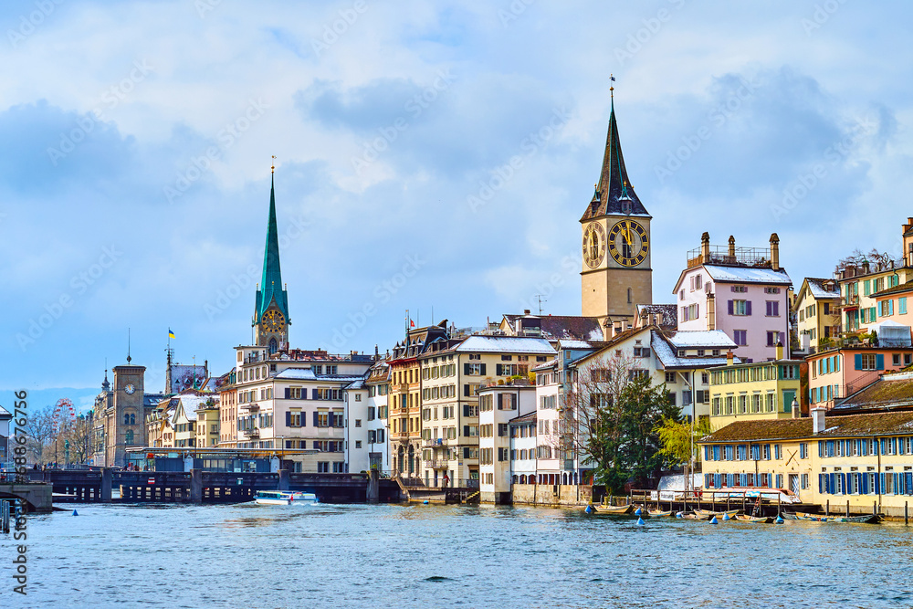 Lindenhof medieval houses and towers from Limmat River, Zurich, Switzerland