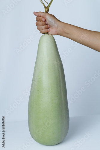 Young woman holding fresh lagenaria Siceraria or bottle gourd isolated on white. photo