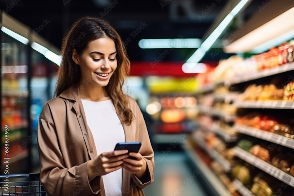 A young woman happily using her smartphone while shopping in the grocery aisle of a supermarket. A young woman happily using her smartphone while shopping in the grocery aisle of a supermarket.