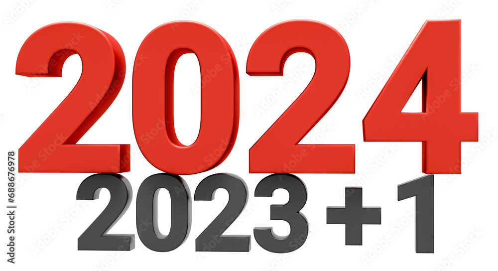 New year concept. Numbers 2023 plus 1 and 2024 isolated on transparent png background New year concept. Numbers 2023 plus 1 and 2024 isolated on transparent png background
