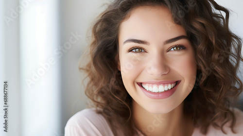 Healthy perfect teeth, young woman smiling. Teeth whitening. Dental concept.