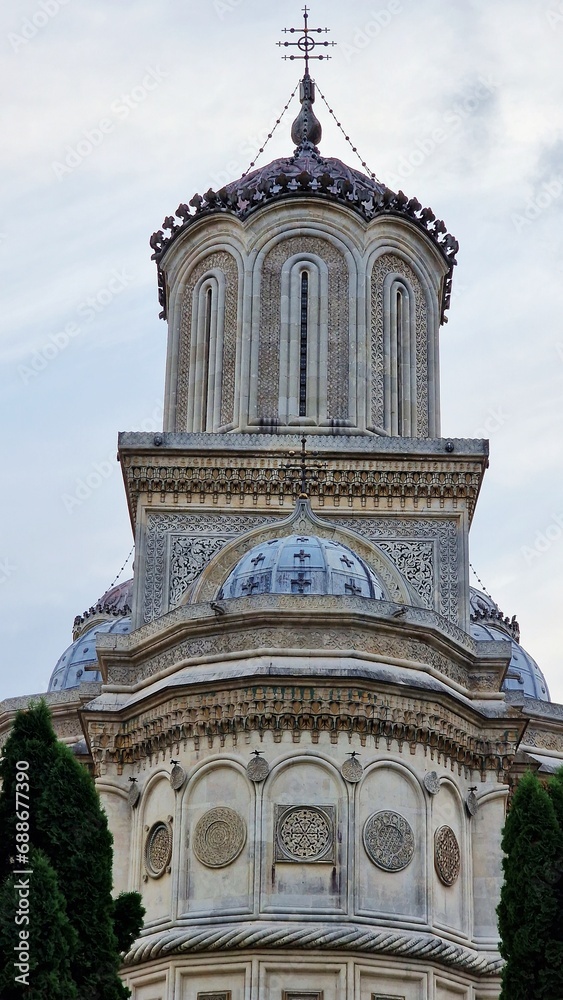 Close-up view of the beautiful architecture of the Curtea de Arges Cathedral, in Romania.