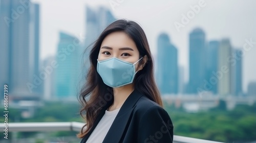 Beautiful young adult Asian woman in business attire wearing or taking off a face mask. City shatter people's way of life with the idea of public health every day.
