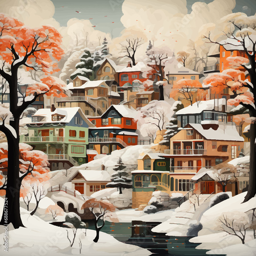 Illustration of a winter city - houses, streets, snowdrifts. Landscape in Japanese style.