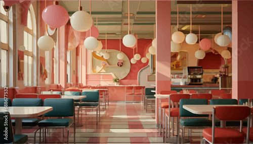 Illustration - retro cafe in American style of the 50s. Cafe interior in pink colors
