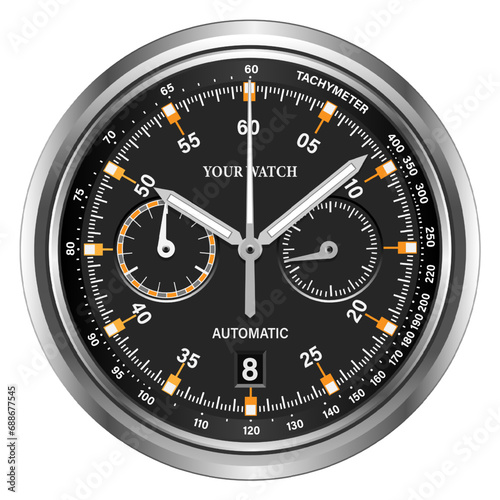 Realistic black silver black clock watch face chronograph grey arrow white number luxury isolated background vector