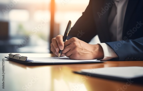 Businessman hands writing on clipboard on blurred office background