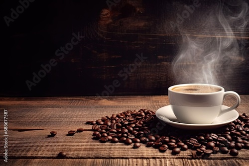 Aromatic morning ritual. Hot espresso in vintage coffee cup. Breakfast bliss. Dark roast coffee with steam on wooden table. Cups on rustic background