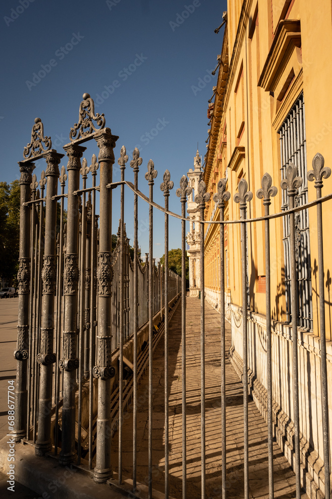 Palacio de San Telmo in Seville Spain on sunny summer day. Historic building constructed for Universidad de Mareantes where children learn to be sailors now office of Andalusian Autonomous Government