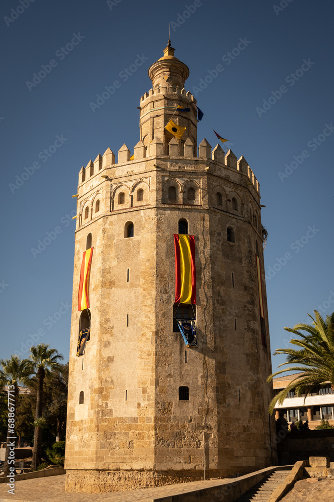 Torre del Oro dodecagonal military watchtower in Seville, southern Spain. Installed by Almohad Caliphate to control access to from Guadalquivir river defensive tower structure historic landmark