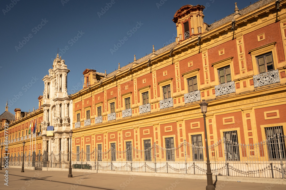 Palacio de San Telmo in Seville Spain on sunny summer day. Historic building constructed for Universidad de Mareantes where children learn to be sailors now office of Andalusian Autonomous Government