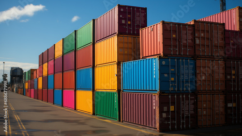 A pile of colored containers in a cargo port