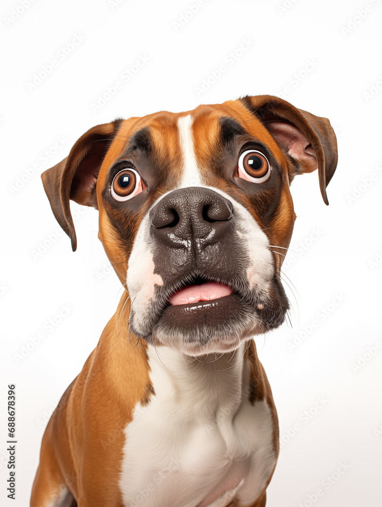 Playful Boxer Dog Making Silly, Wide-Eyed Face on White Background