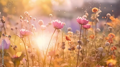 Flower motion wind blowing grass and flowers on grassland and beautiful sunset It pasture landscape is beauty and refresh. It pink or purple floral flower in meadow field. Sunlight thought green leaf  photo