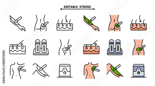 Waxing linear icons set. Bikini, leg, armpit, buttocks hair removal. Hot wax in jar with spatula