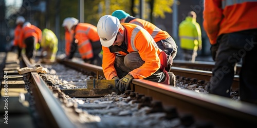 Railway workers repairing the rails , concept of Infrastructure maintenance