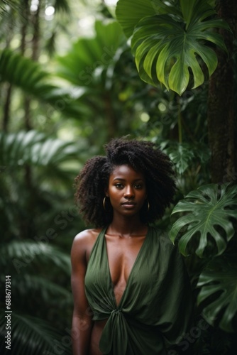 A beautiful charming African American woman looking at the camera in the forest against the background of large green leaves of the monstera. Spa  natural beauty  care concepts.