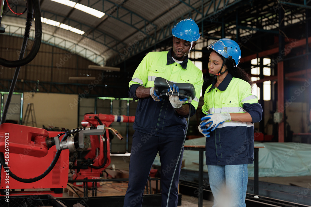 Two engineer controlling and checking robot arm at factory. Technology, automation, innovation and engineering concept. Two engineer controlling and checking robot arm at factory. Technology, automation, innovation and engineering concept.