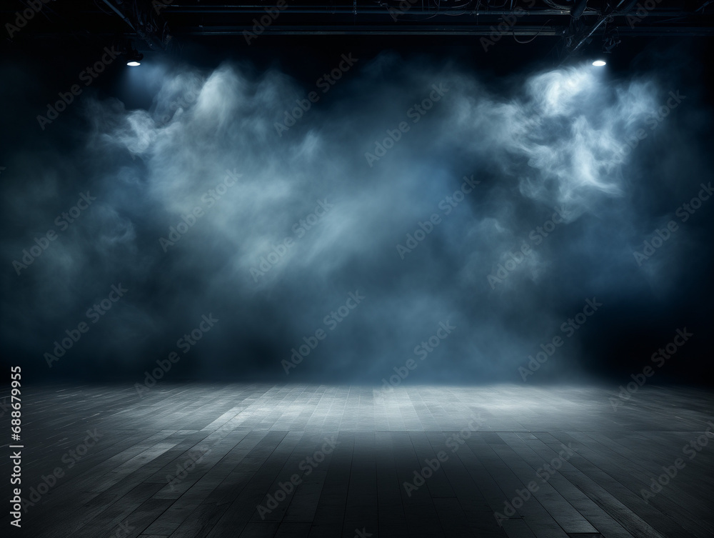Dark scene with a smoky dark blue background. Empty dark room with spotlights for displaying products - obrazy, fototapety, plakaty 