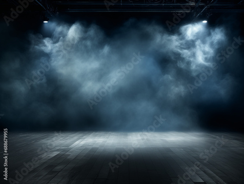 Dark scene with a smoky dark blue background. Empty dark room with spotlights for displaying products