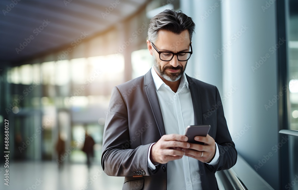 Businessman using smartphone searching for online information on blurred office background Businessman using smartphone searching for online information on blurred office background