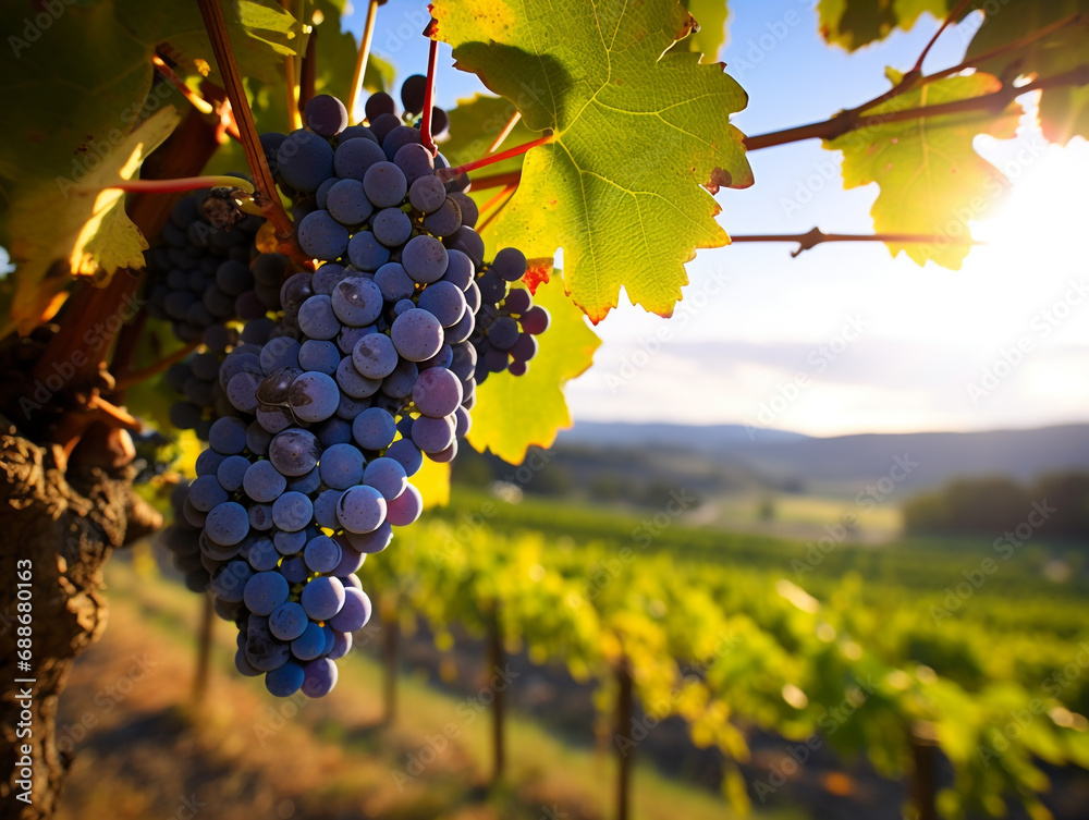 Fototapeta premium A picturesque vineyard showcasing clusters of grapes ready for harvesting.