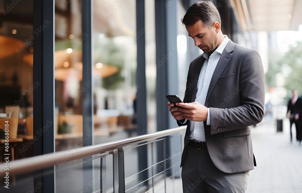 Businessman using smartphone searching for online information on blurred office background Businessman using smartphone searching for online information on blurred office background