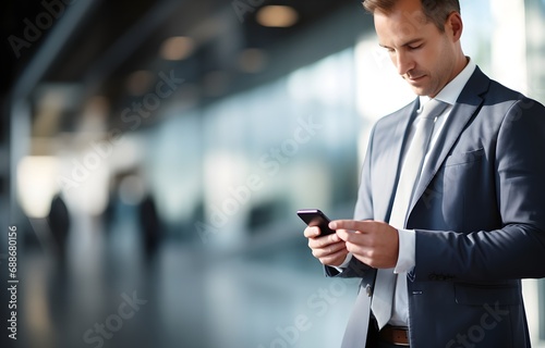 Businessman using smartphone searching for online information on blurred office background