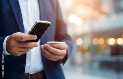 Businessman using smartphone searching for online information on blurred office background