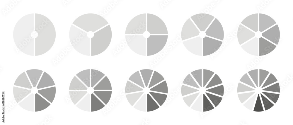 Set of circle division on 2, 3, 4, 5, 6, 7, 8, 9, 10, 11 equal parts. Infographic graphs. Round divided diagrams with segments. Infographic collection. Coaching wheel blanks. Vector illustration. Eps. Set of circle division on 2, 3, 4, 5, 6, 7, 8, 9, 10, 11 equal parts. Infographic graphs. Round divided diagrams with segments. Infographic collection. Coaching wheel blanks. Vector illustration. Eps.