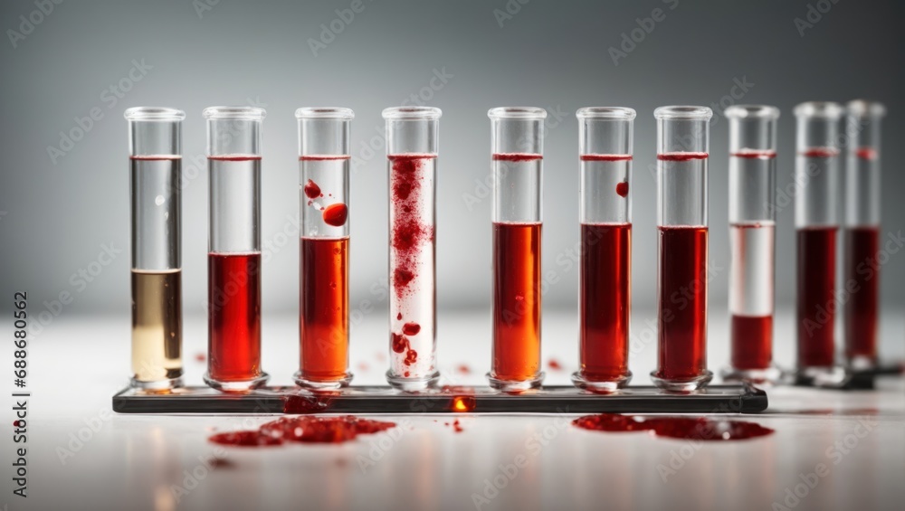 Blood samples in test tubes on grey background, science research and development concept Blood samples in test tubes on grey background, science research and development concept
