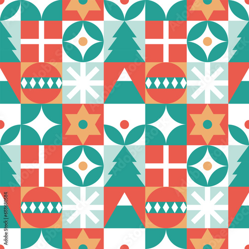 Bauhaus-Style Christmas pattern - trendy colored mosaic texture. Geometric seamless pattern with winter elements. Christmas decoration in Scandinavian style. New year texture.