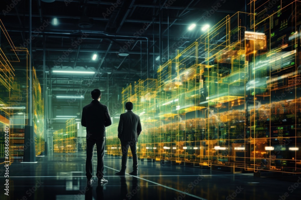 Futuristic Concept: Big Data Center Digitalization Lines with a male silhouette Futuristic Concept: Big Data Center Digitalization Lines with a male silhouette