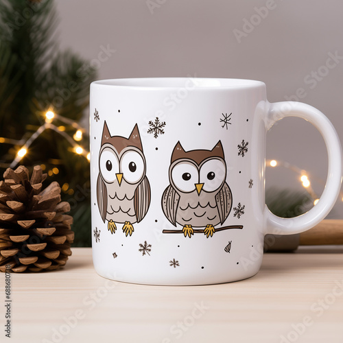 Cup of coffee with owls designed on it. Christmas atmospehere photo