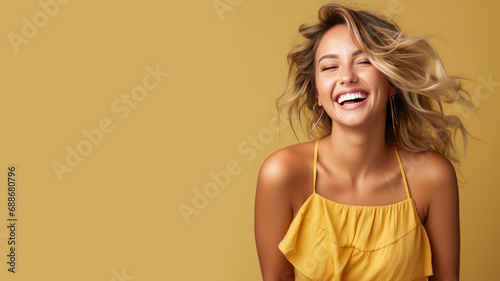 Blonde woman model wear a yellow sundress isolated on pastel background photo
