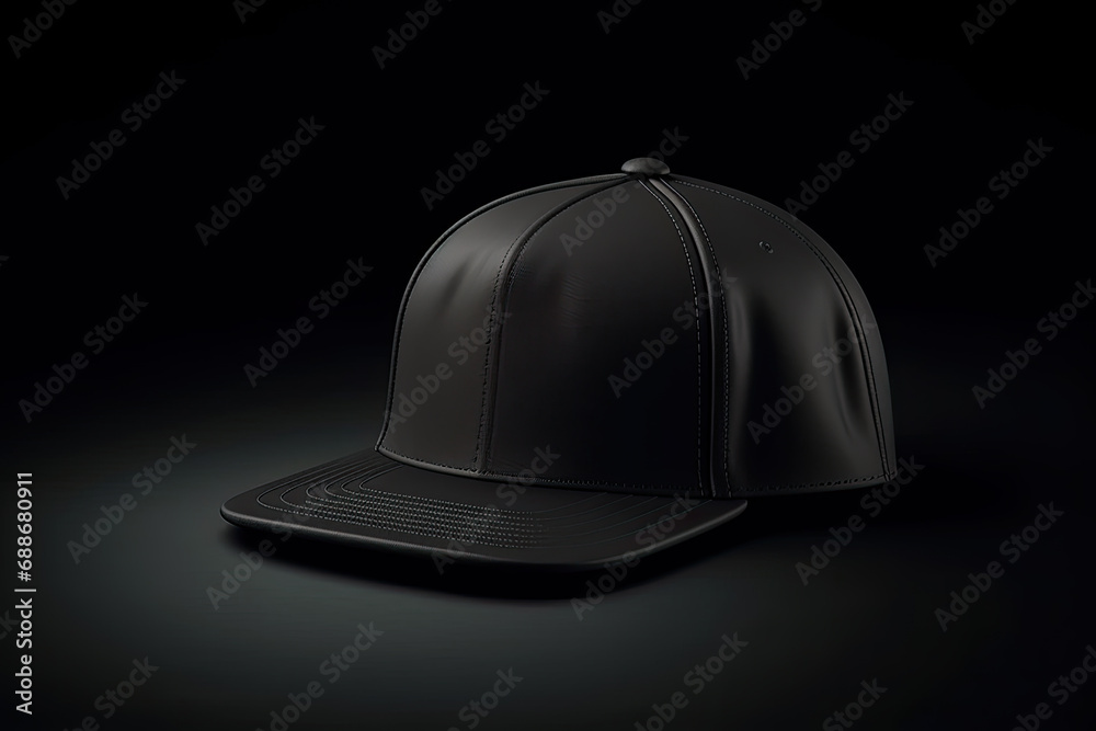 Fototapeta premium Presenting a mock-up design with a black snapback or baseball cap placed against a black background.