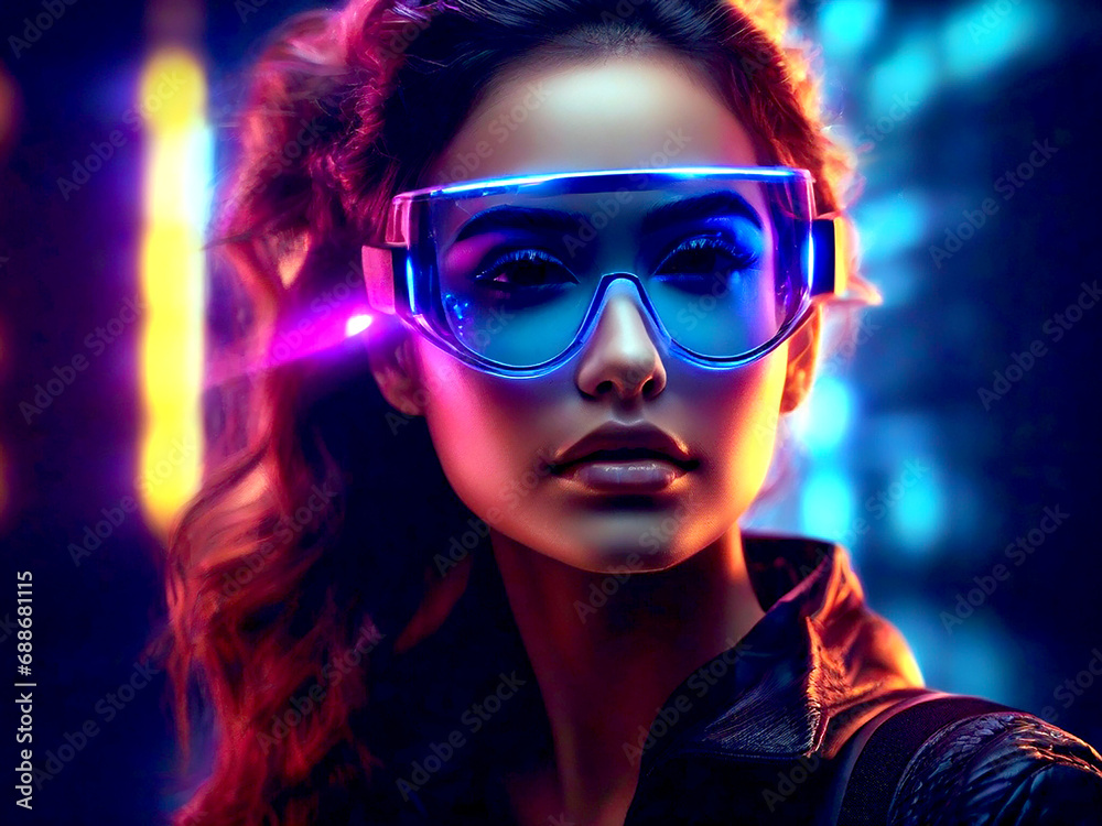 Gorgeous woman with smart neon glasses. generative ai