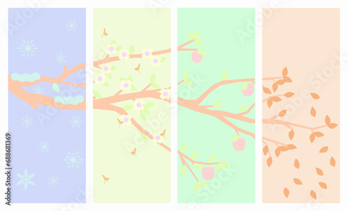 A set of pictures of the four seasons of the year. Tree four times a year in spring, summer, autumn and winter vector illustration.