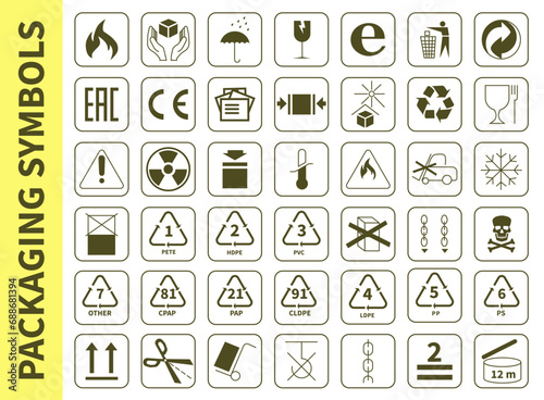 A set of packaging symbols for transportation, storage and product information. Blue symbols isolated on white background.