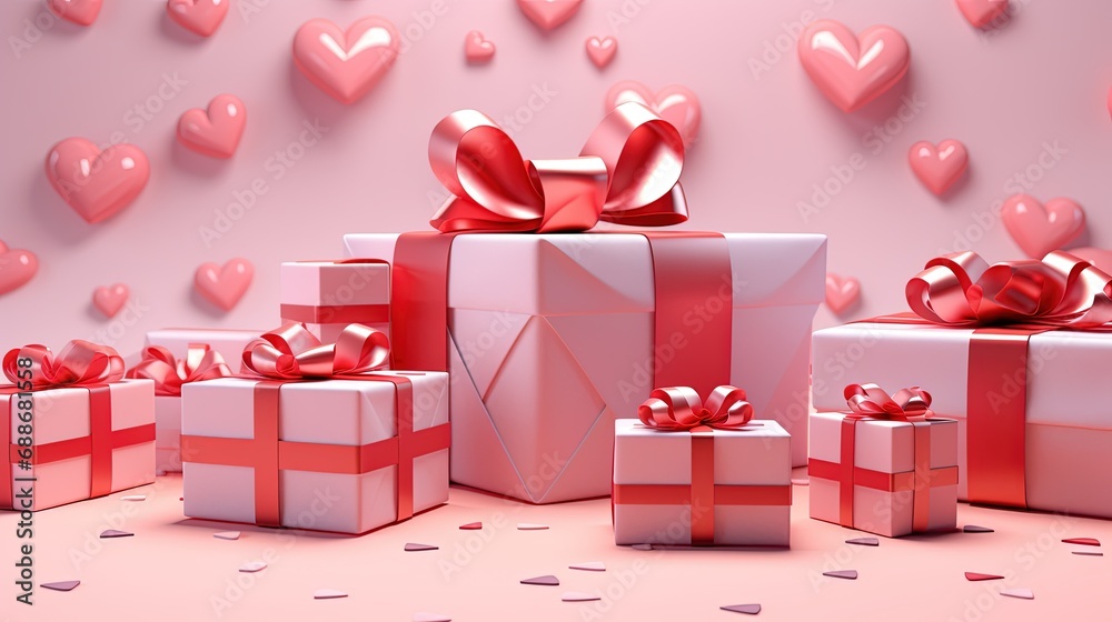 Pink wrapped gift on heart shaped background